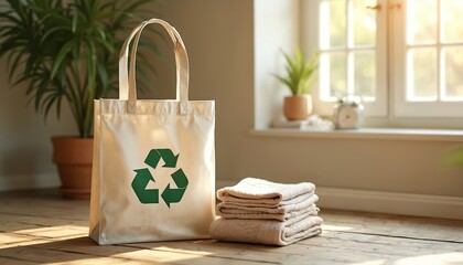 Eco-friendly textiles, reusable tote bag with recycling symbol promoting environmental consciousness. Stacked garments suggest sustainable fashion choices in serene indoor setting with natural light.