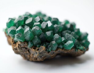 Close-up of natural green prehnite mineral specimen. Clusters of sharp, translucent crystals grow on rough rock matrix. Vivid green hue, geometric formations, ideal for geology displays, mineralogy