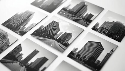Collection of black, white architectural photographs featuring modern buildings. Displays urban cityscapes, skyscrapers, contemporary structures with geometric facades. Focus on minimalist design,