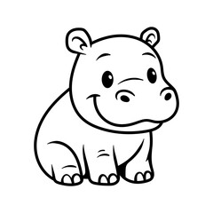 Coloring book for children : fun cute sitting hippo cartoon character isolated drawing line style sketch classic vintage design illustration