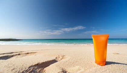 sunscreen tube on sandy beach with clear blue ocean in the background perfect for summer relaxation
