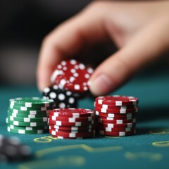 Hand Placing Red Chip on Casino Table with Stacks of Chips, gambling , poker