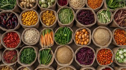 Overhead shot of a rural vegetable market with local items neatly arranged on jute sacks — color contrast, cultural commerce 3