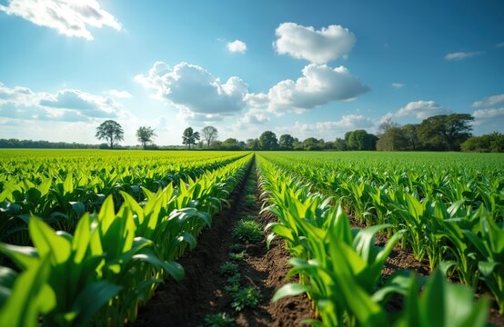 Young green corn plants grow in neat rows under clear blue sky with fluffy clouds. Sunny rural agricultural landscape shows vast cultivated farmland stretching to horizon with distant trees.