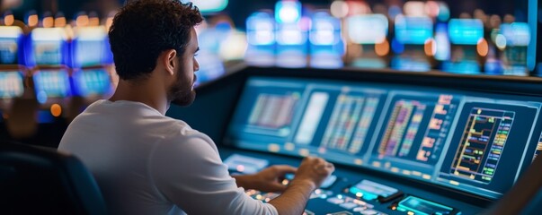 Man at Control Panel Monitoring Complex Systems in Brightly Lit Room, technology ,security