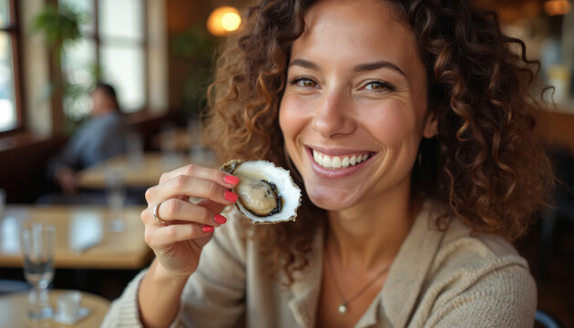 Happy woman with curly hair enjoys fresh oyster at restaurant for National Oyster Day. Smiles holding delicious seafood delicacy. Casual dining, celebratory atmosphere, epicurean delight, taste
