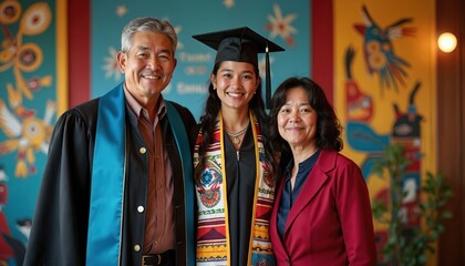 Native American graduate in cap and gown smiles with proud parents. Family celebrates achievement at university campus. Colorful Native American sash and academic regalia worn for graduation ceremony.