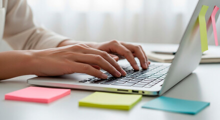 Hands Typing on a Laptop Keyboard Surrounded by Sticky Notes