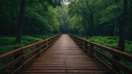 Brown Wooden Plank Path Way In A Green National Park In The Forest.
