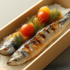 Grilled mackerel with rice and garnish in a wooden box.