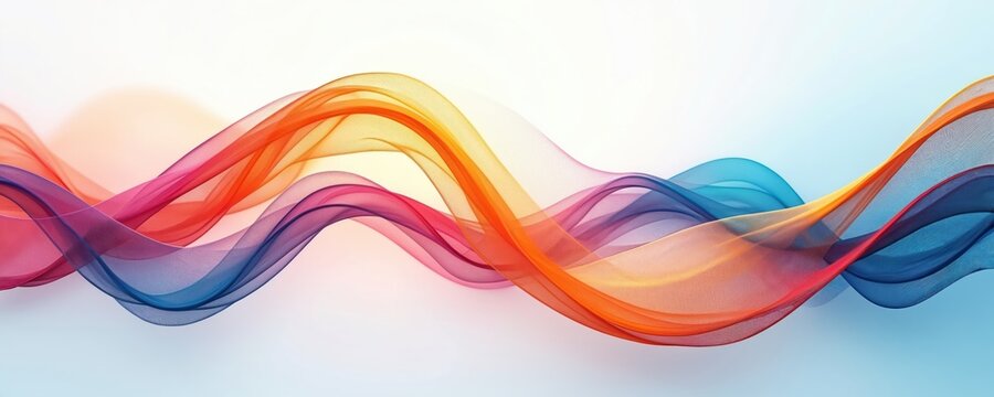 Vibrant colorful sound waves flow across a white background, featuring soft, dynamic curves and shapes. This abstract digital artwork represents music, motion, and energy with smooth fluid lines.
