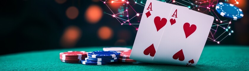 Pair of Aces Poker Cards and Chips with Digital Network, Gambling , Casino