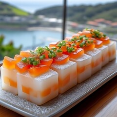 Square dessert pieces with orange and white layers and garnishes.