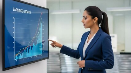 Businesswoman analyzing and presenting earnings growth data on an interactive screen in a modern office environment - Powered by Adobe