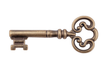 Vintage bronze key resting on a surface , isolated on white background