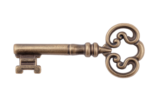Vintage bronze key resting on a surface , isolated on white background