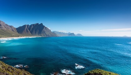 Fototapeta premium coastal landscape with mountain backdrop and calm blue ocean under clear sky