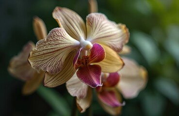 Macro closeup of a delicate orchid flower showing signs of wilting. Petals display intricate veining in shades of yellow, beige, and deep pink. Dryness, aging, and the cycle of life are suggested.
