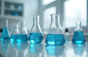 Lab glassware filled with blue liquid on white table. Science beakers, flasks arranged in research setting. Out of focus background includes shelves, window. Medical, chemical, biology experiment