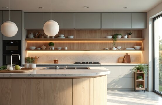Modern kitchen interior featuring light wood island with stone countertop. Includes integrated sink, faucet, stove. Open shelves with cookware, plants enhance cosy, minimalist studio atmosphere. - Powered by Adobe