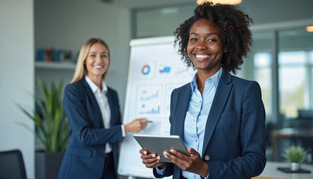 Young African woman holds tablet in high-tech office, smiling. Colleague points to charts on whiteboard. Team discusses business strategy. Energetic female pro presents data for marketing meeting. - Powered by Adobe