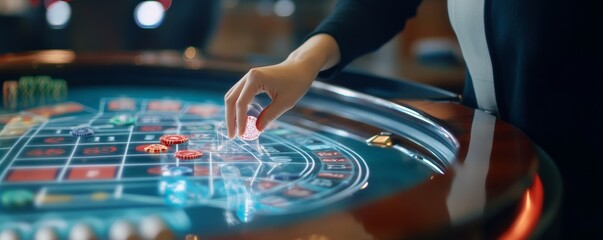 Roulette Bet Hand Placing Chip on Casino Table, Gambling , Roulette