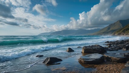 Obraz premium Sea Waves On The Rocky Shore Rocks Wet Stone Travel On The Beach Mountains And Sea Rest On The Beach Travel Blue Sky Clouds Beautiful