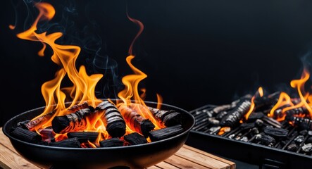 Empty barbecue grill with flaming fire and ember charcoal on black background and wood board table, with empty copy space for text
