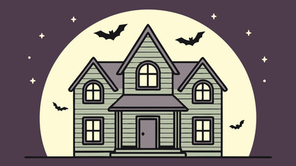 Naklejka premium Spooky haunted house with moon and bats halloween