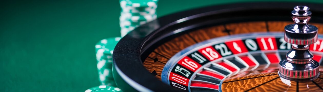 Roulette Wheel and Chips on Green Felt - Casino Gamble, luck