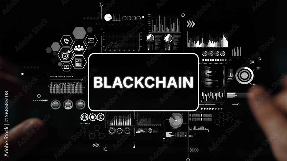 Poster hands typing on keyboard with blockchain concept and data analytics graphics for innovative technolo