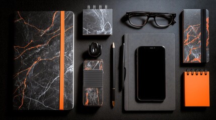 Elegant Black and Orange Marble Stationery Mockup Notebooks, Pens, Smartphone, Glasses