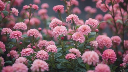 A background of pink flowers with lush green leaves and blooming stems.