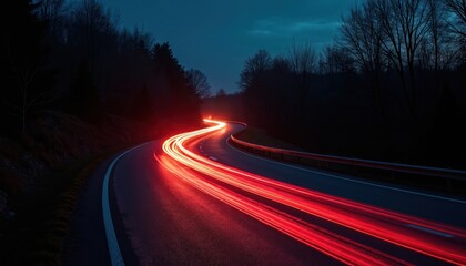 Red light trails from cars streak along curved asphalt road at night, captured with long exposure. Dark trees line highway, with hint of distant city skyline adding to dramatic atmosphere.