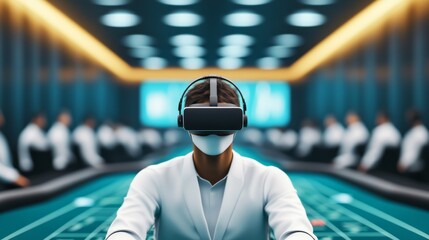 VR Meeting Man in Headset, Futuristic Conference Room , Virtual Reality, Metaverse