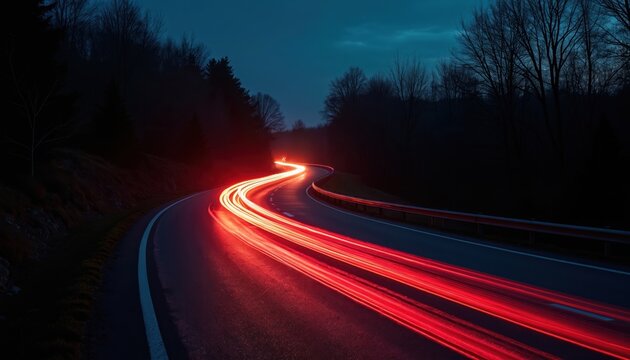 Red light trails from cars streak along curved asphalt road at night, captured with long exposure. Dark trees line highway, with hint of distant city skyline adding to dramatic atmosphere.