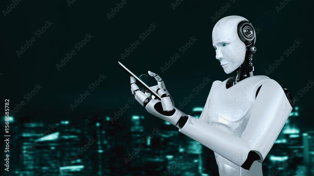 Poster ai robot huminoid uses cloud computing technology to store data on online server . futuristic concep