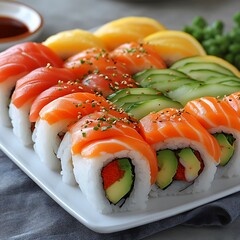 Colorful sushi rolls arranged on a platter.