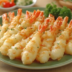Crispy battered shrimp, garnished with herbs.