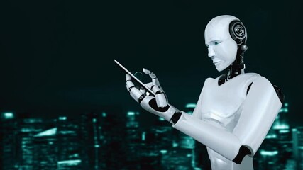 AI robot huminoid uses cloud computing technology to store data on online server . Futuristic concept of cloud information storage analyzed by machine learning process . 3D rendering . - Powered by Adobe