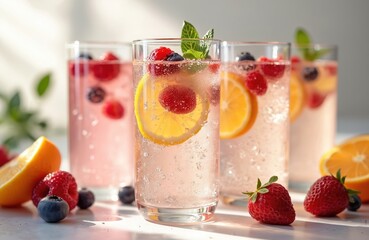 Collagen infused sparkling water with berries, citrus slices offers refreshing, low-calorie hydration for skin health. Fizzy drink with natural fruity flavors promotes wellness, vitality, making