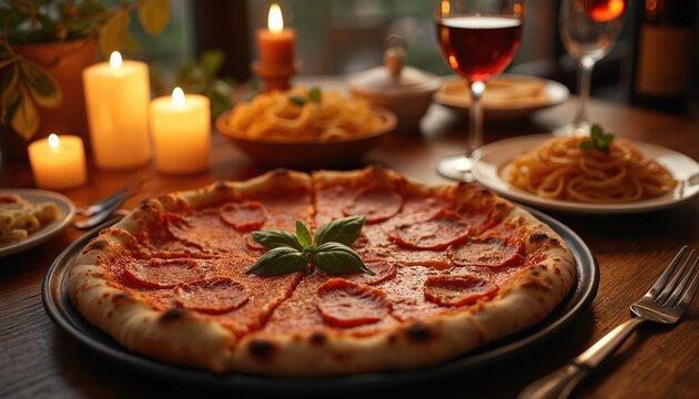 Romantic Italian dinner features pepperoni pizza, pasta, red wine. Candles flicker, creating warm ambiance for delicious meal. Enjoy home-cooked feast, perfect for dates special occasions. - Powered by Adobe