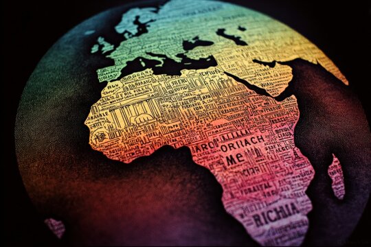 Vibrant World Map Globe Illustration Showing Different Continents with a Gradient Color Scheme and Newspaper Texture Overlay