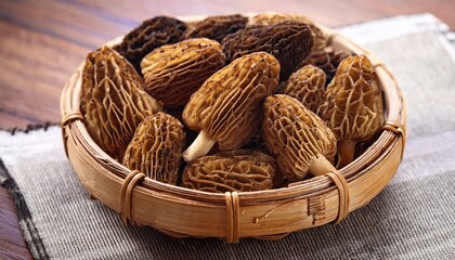 dried morel mushrooms in a bamboo basket