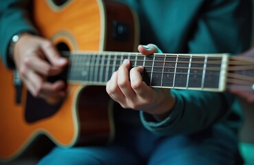 Learn guitar online from home with a virtual music instructor. This close-up shows hands playing acoustic guitar, perfect for digital music education and remote learning tutorials.