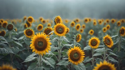 Pretty Sunflowers In The Wild landscape with vibrant yellow sunflowers growing freely in nature. Nature scene with blooming flowers and greenery. A beautiful rural floral view.