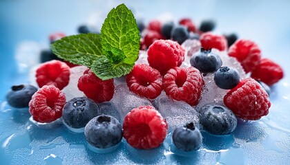 freshly picked raspberries and blueberries glisten with dew nestled on ice garnished with a mint leaf for a refreshing vibrant summer snack perfect for health conscious indulgence