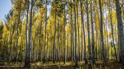 Close-up of a poplar tree with tall straight trunk, smooth gray bark, and triangular green leaves fluttering in the wind, thriving in a forest, park, or along a roadside under sunlight