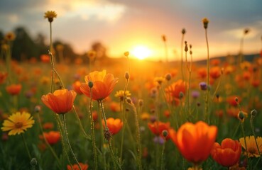 Obraz premium Colorful wildflowers, possibly poppies and daisies, bloom in sun-drenched field during sunset. Golden hour light creates warm, vibrant atmosphere. Natural scene evokes peaceful summer or spring day.