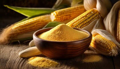 medium closeup of a rustic wooden bowl filled with vibrant yellow cornmeal on weathered wooden surface with fresh corn husks in the background soft natural lighting highlighting rustic textures and